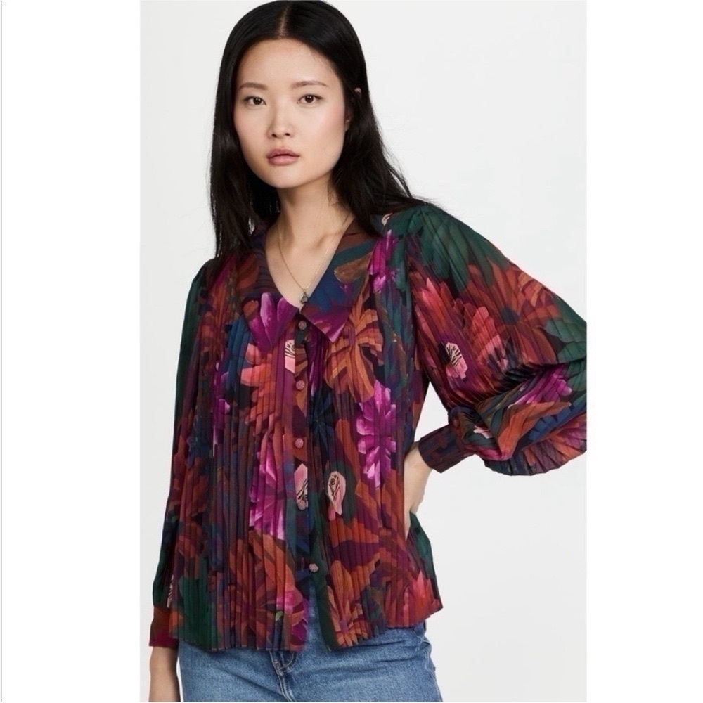 NEW Farm Rio Women’s Bird Flowers Pleated Shirt Multicolor - Picture 4 of 13